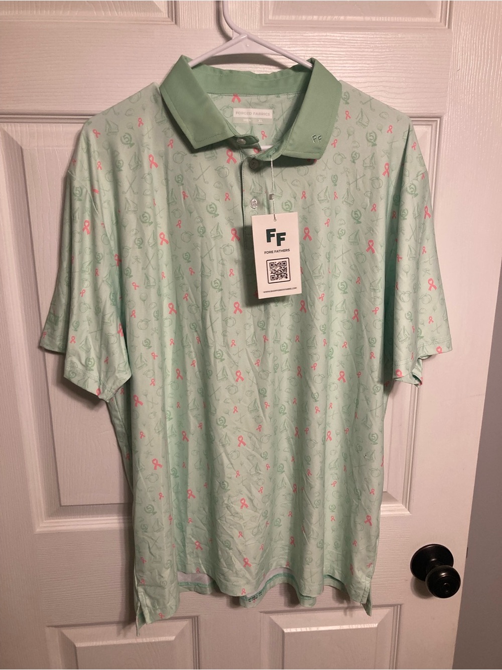Fore Fathers Men’s Mint Polo with Pink Ribbon Print